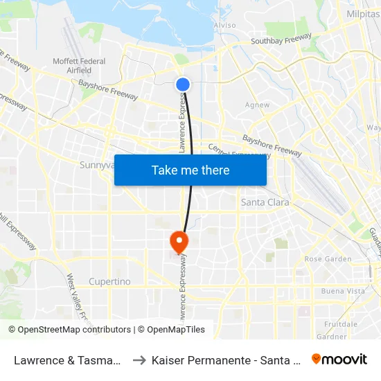 Lawrence & Tasman (S) to Kaiser Permanente - Santa Clara map