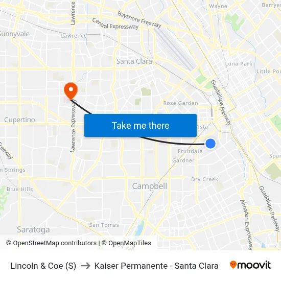 Lincoln & Coe (S) to Kaiser Permanente - Santa Clara map