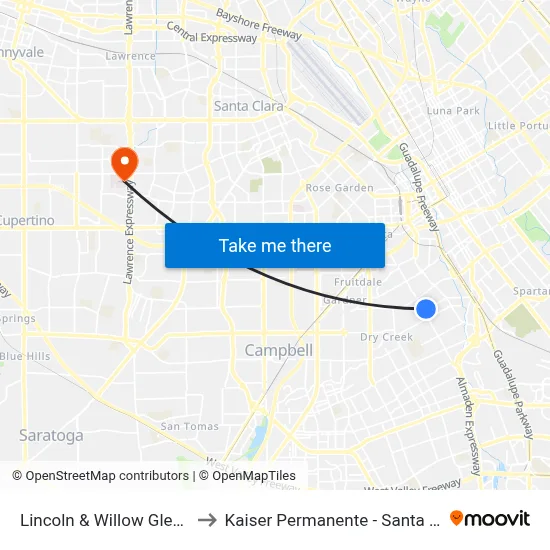 Lincoln & Willow Glen (N) to Kaiser Permanente - Santa Clara map