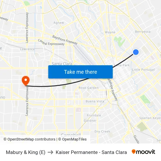 Mabury & King (E) to Kaiser Permanente - Santa Clara map