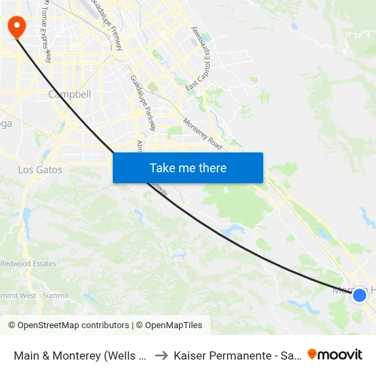 Main & Monterey (Wells Fargo) (E) to Kaiser Permanente - Santa Clara map