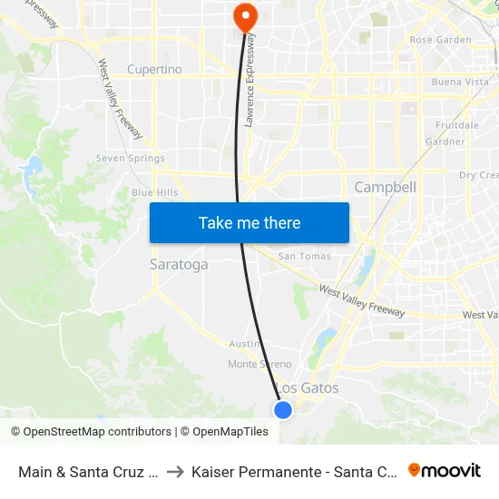 Main & Santa Cruz (E) to Kaiser Permanente - Santa Clara map