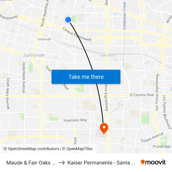 Maude & Fair Oaks (W) to Kaiser Permanente - Santa Clara map