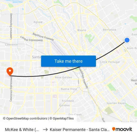 McKee & White (W) to Kaiser Permanente - Santa Clara map