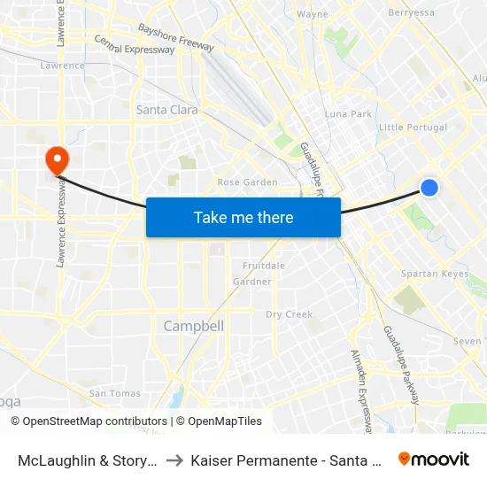 McLaughlin & Story (S) to Kaiser Permanente - Santa Clara map