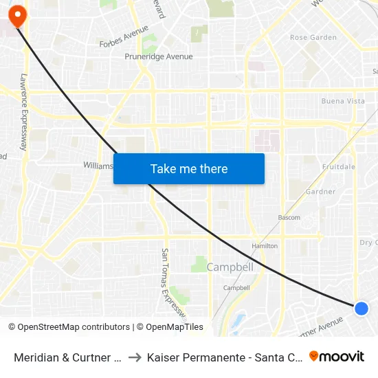 Meridian & Curtner (N) to Kaiser Permanente - Santa Clara map