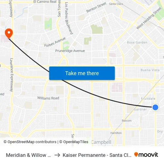 Meridian & Willow (N) to Kaiser Permanente - Santa Clara map