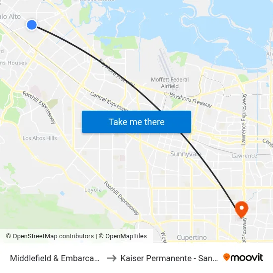 Middlefield & Embarcadero (E) to Kaiser Permanente - Santa Clara map