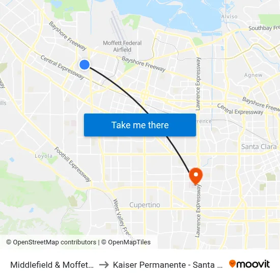 Middlefield & Moffett (E) to Kaiser Permanente - Santa Clara map