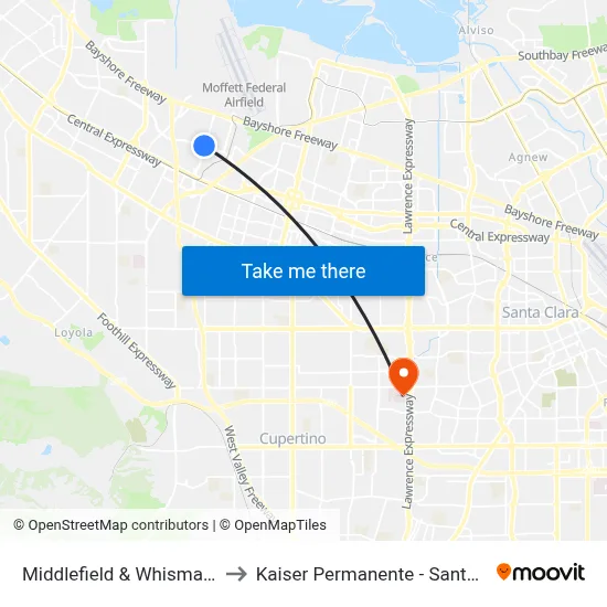 Middlefield & Whisman (W) to Kaiser Permanente - Santa Clara map