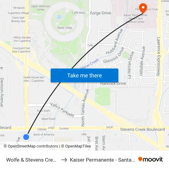 Wolfe & Stevens Creek (S) to Kaiser Permanente - Santa Clara map