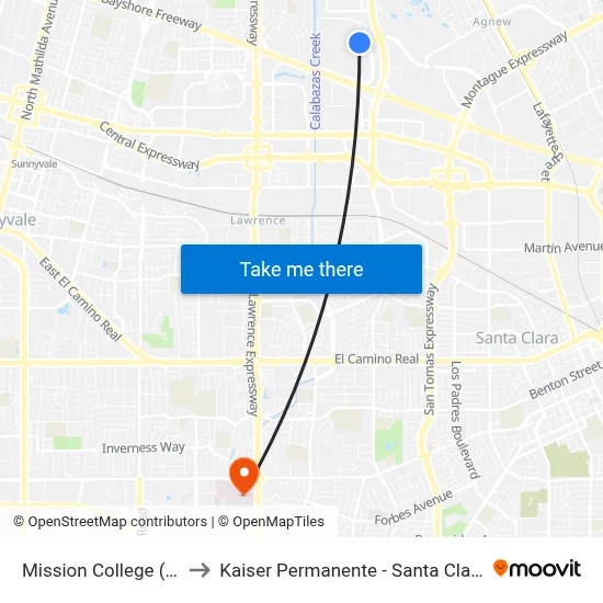 Mission College (S) to Kaiser Permanente - Santa Clara map