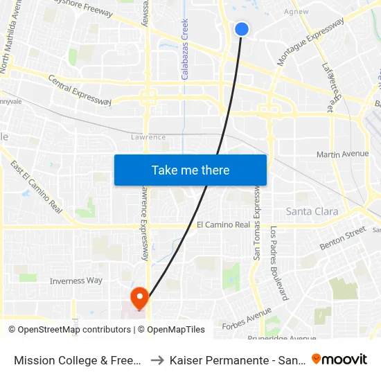Mission College & Freedom (N) to Kaiser Permanente - Santa Clara map