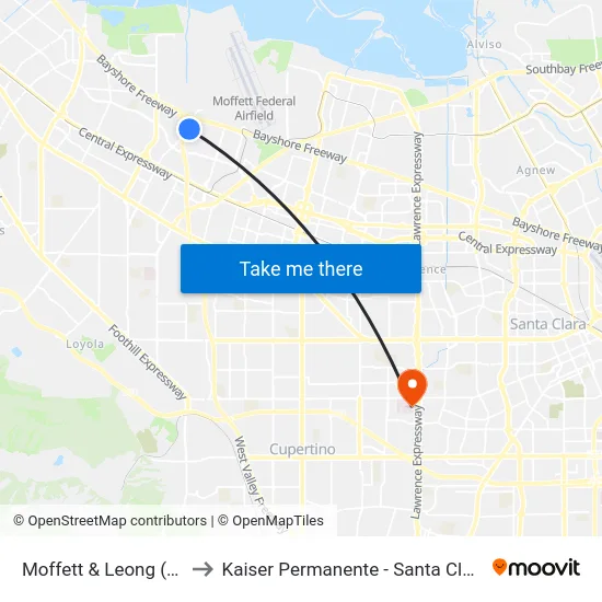 Moffett & Leong (N) to Kaiser Permanente - Santa Clara map