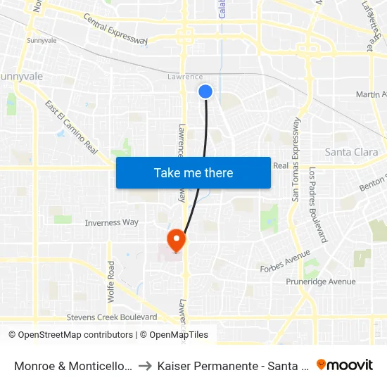 Monroe & Monticello (W) to Kaiser Permanente - Santa Clara map