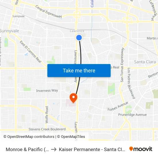 Monroe & Pacific (E) to Kaiser Permanente - Santa Clara map