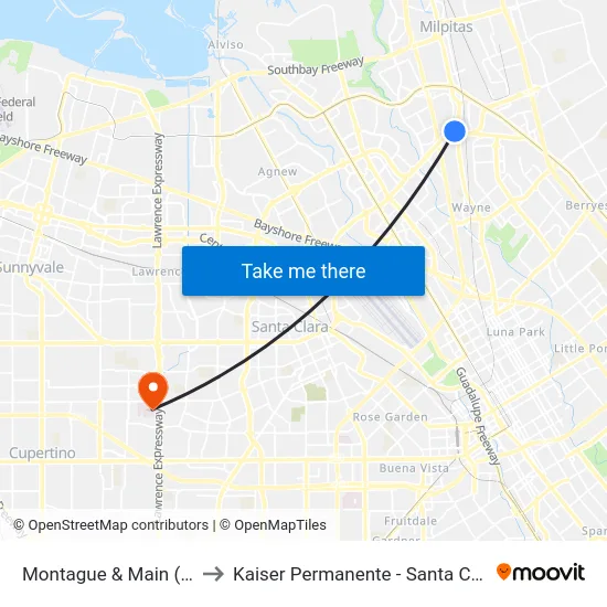 Montague & Main (W) to Kaiser Permanente - Santa Clara map