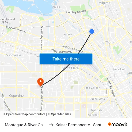 Montague & River Oaks (N) to Kaiser Permanente - Santa Clara map