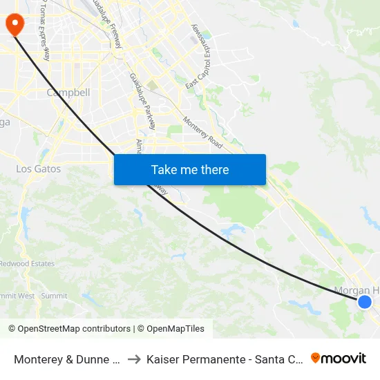 Monterey & Dunne (N) to Kaiser Permanente - Santa Clara map