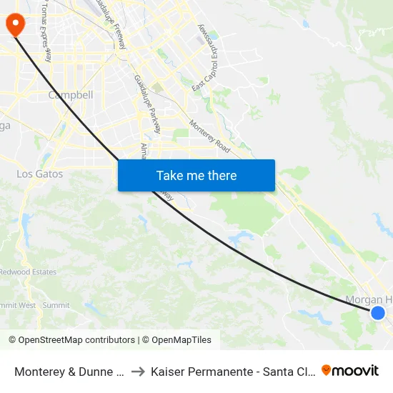Monterey & Dunne (S) to Kaiser Permanente - Santa Clara map