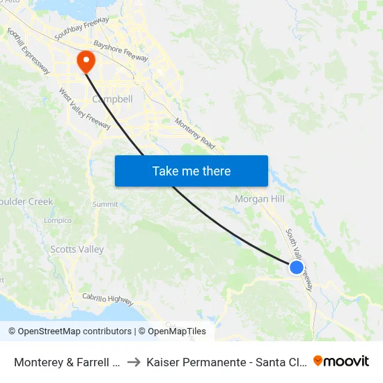 Monterey & Farrell (S) to Kaiser Permanente - Santa Clara map