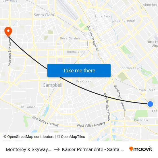 Monterey & Skyway (S) to Kaiser Permanente - Santa Clara map