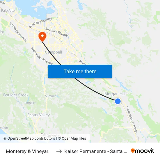 Monterey & Vineyard (N) to Kaiser Permanente - Santa Clara map