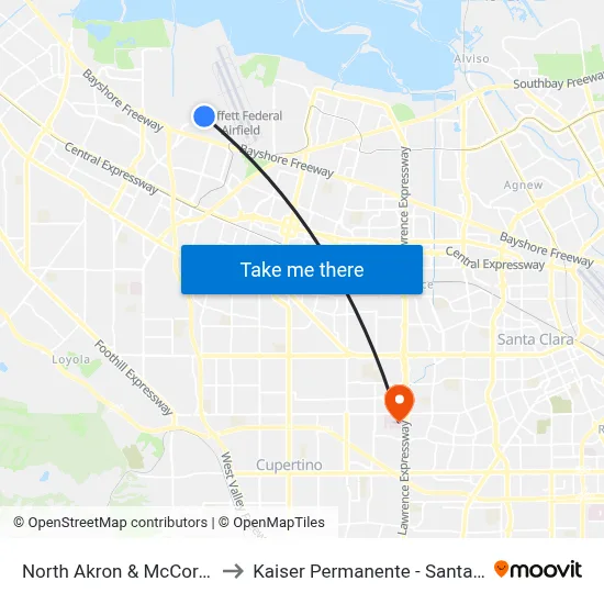 North Akron & McCord (W) to Kaiser Permanente - Santa Clara map