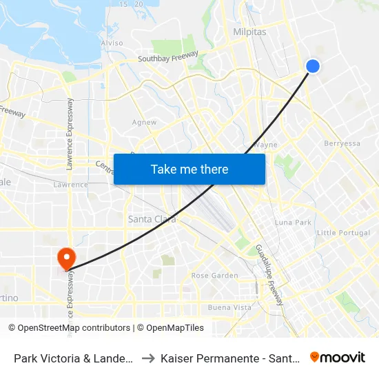Park Victoria & Landess (N) to Kaiser Permanente - Santa Clara map