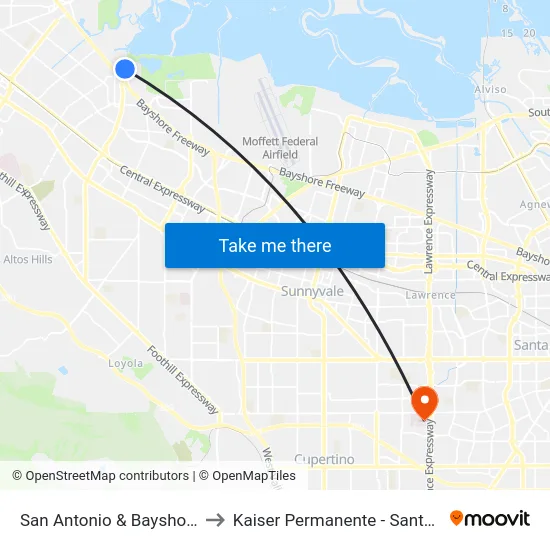 San Antonio & Bayshore (S) to Kaiser Permanente - Santa Clara map