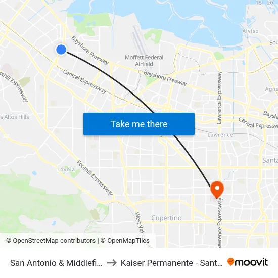 San Antonio & Middlefield (S) to Kaiser Permanente - Santa Clara map