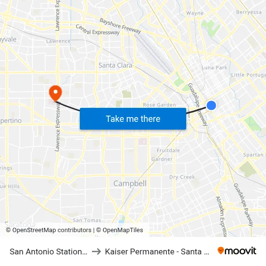 San Antonio Station (S) to Kaiser Permanente - Santa Clara map