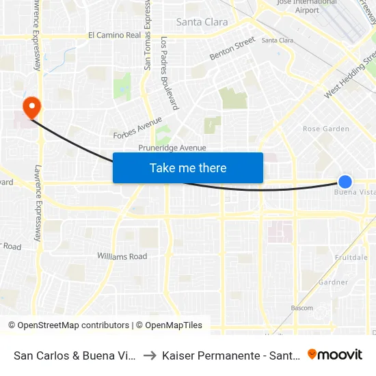 San Carlos & Buena Vista (E) to Kaiser Permanente - Santa Clara map