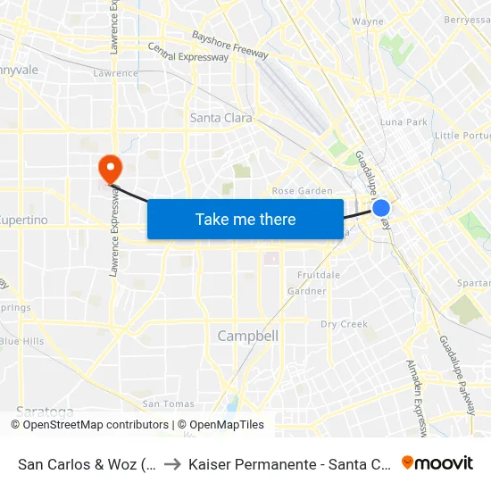 San Carlos & Woz (W) to Kaiser Permanente - Santa Clara map