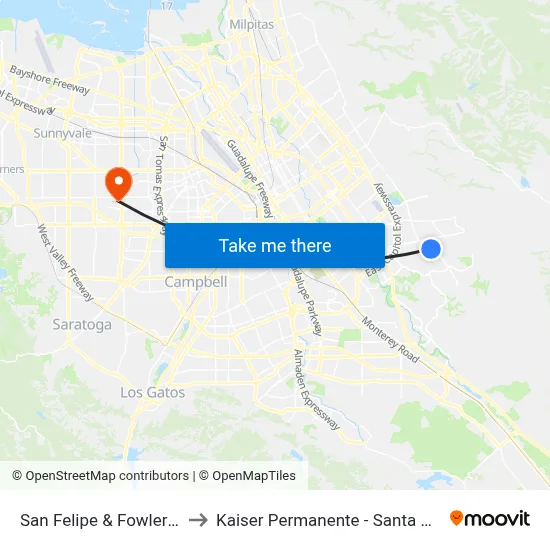 San Felipe & Fowler (S) to Kaiser Permanente - Santa Clara map