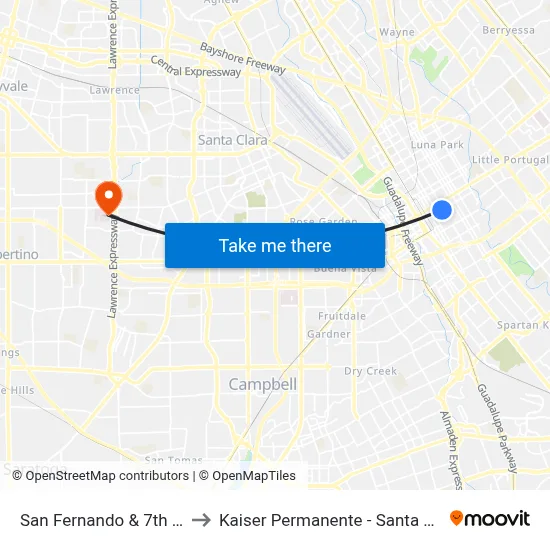 San Fernando & 7th (W) to Kaiser Permanente - Santa Clara map