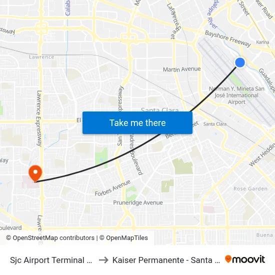 Sjc Airport Terminal A (S) to Kaiser Permanente - Santa Clara map