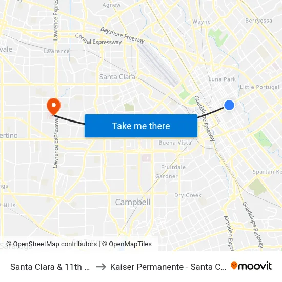 Santa Clara & 11th (W) to Kaiser Permanente - Santa Clara map