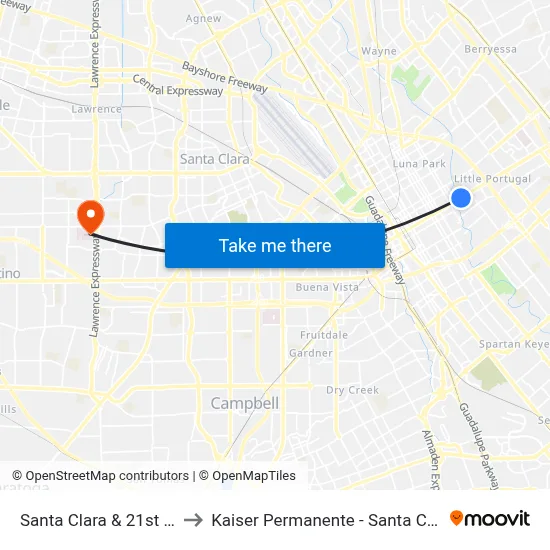 Santa Clara & 21st (E) to Kaiser Permanente - Santa Clara map