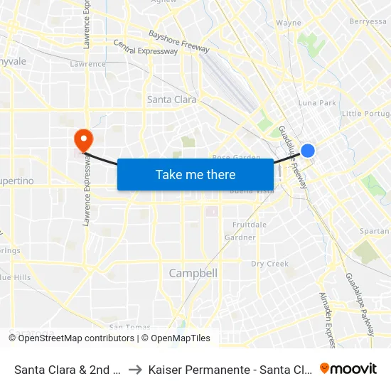 Santa Clara & 2nd (E) to Kaiser Permanente - Santa Clara map