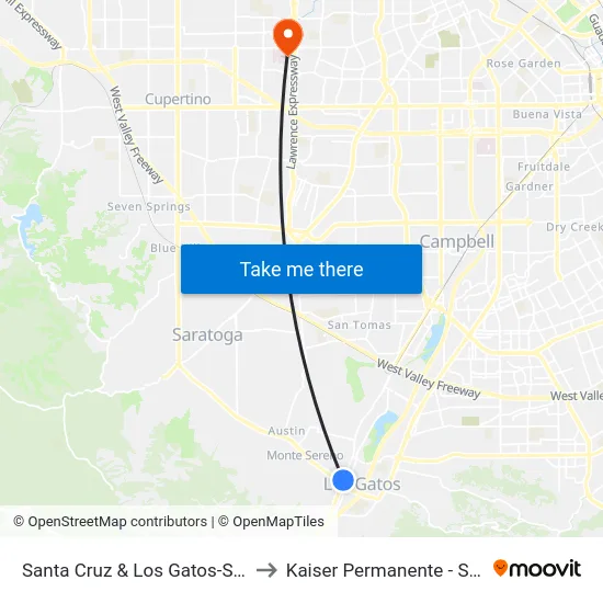 Santa Cruz & Los Gatos-Saratoga (S) to Kaiser Permanente - Santa Clara map