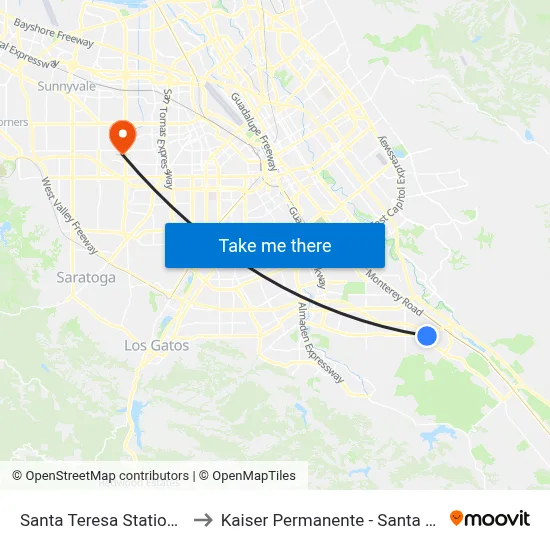 Santa Teresa Station (S) to Kaiser Permanente - Santa Clara map
