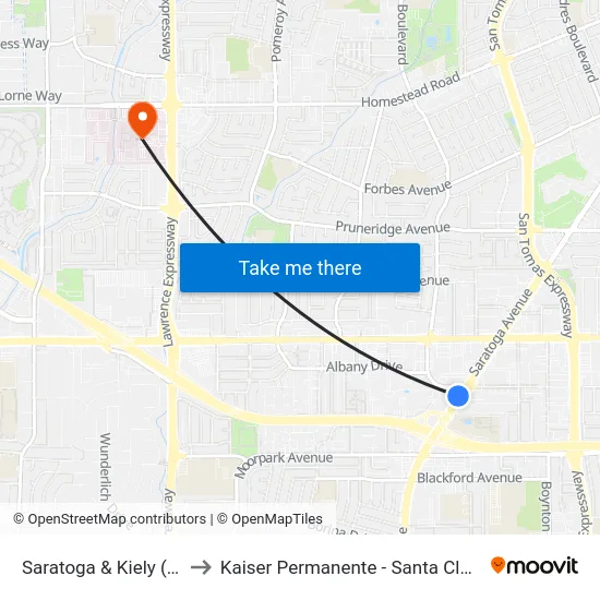 Saratoga & Kiely (S) to Kaiser Permanente - Santa Clara map