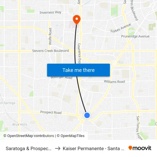 Saratoga & Prospect (S) to Kaiser Permanente - Santa Clara map