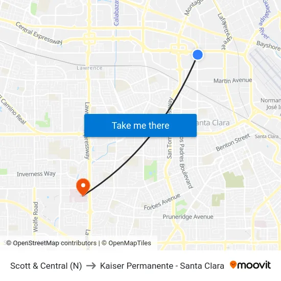 Scott & Central (N) to Kaiser Permanente - Santa Clara map