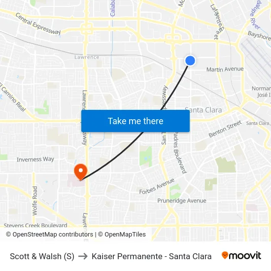 Scott & Walsh (S) to Kaiser Permanente - Santa Clara map