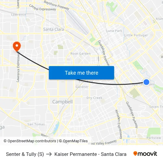 Senter & Tully (S) to Kaiser Permanente - Santa Clara map