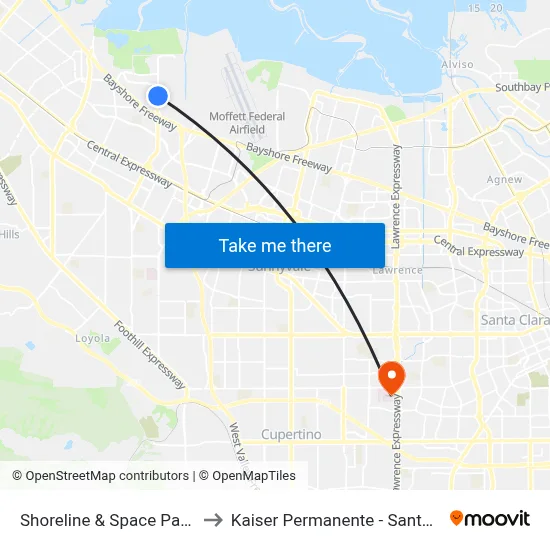 Shoreline & Space Park (N) to Kaiser Permanente - Santa Clara map