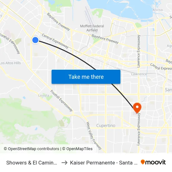 Showers & El Camino (N) to Kaiser Permanente - Santa Clara map