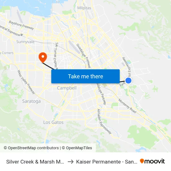 Silver Creek & Marsh Manor (S) to Kaiser Permanente - Santa Clara map